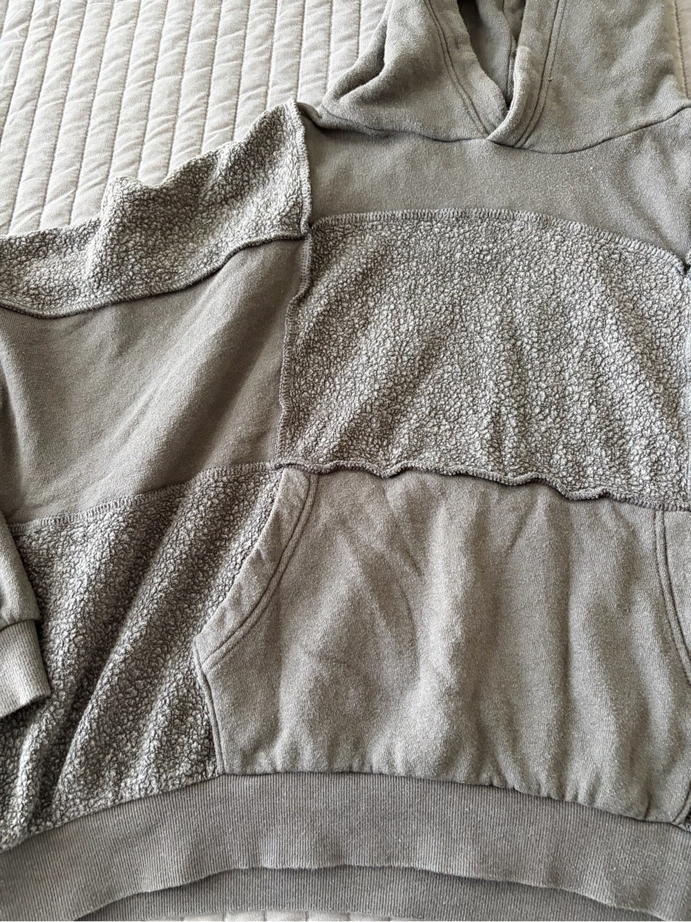aerie Sherpa Patchwork Hoodie Mixed Media Oversized Gray Pullover Sweatshirt L - Picture 5 of 10